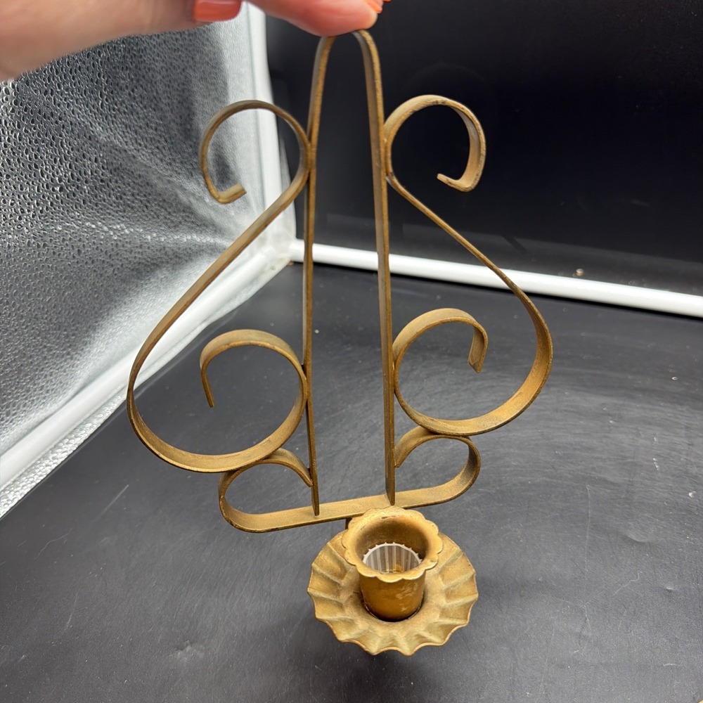 2 Vtg MCM Gold Tone Metal Wall Candle Holders Flower Sconce Retro Home Interior - Picture 2 of 8